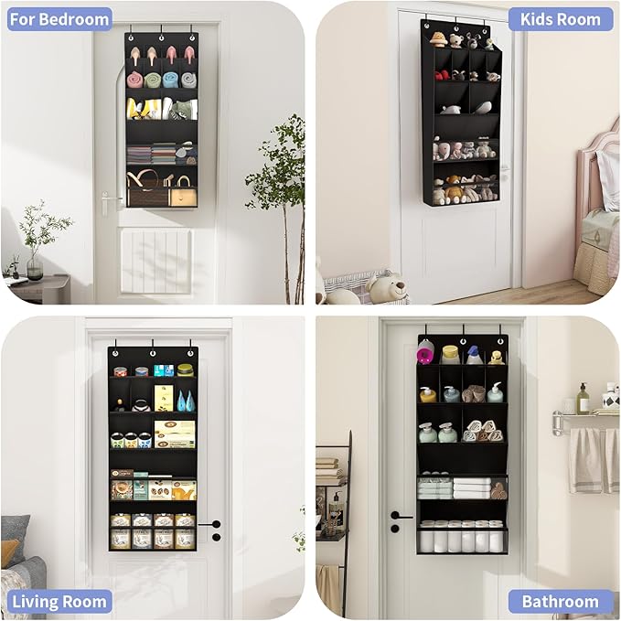 FENTEC 1 Pack Over-the-Door-Shoe-Organizers, Hanging Shoe Organizer with Large Pocket Shoe Holder Hanging Shoe Rack for Closet Shoe Organizer for Wall, Over Door Organizer with 15 Pockets Black