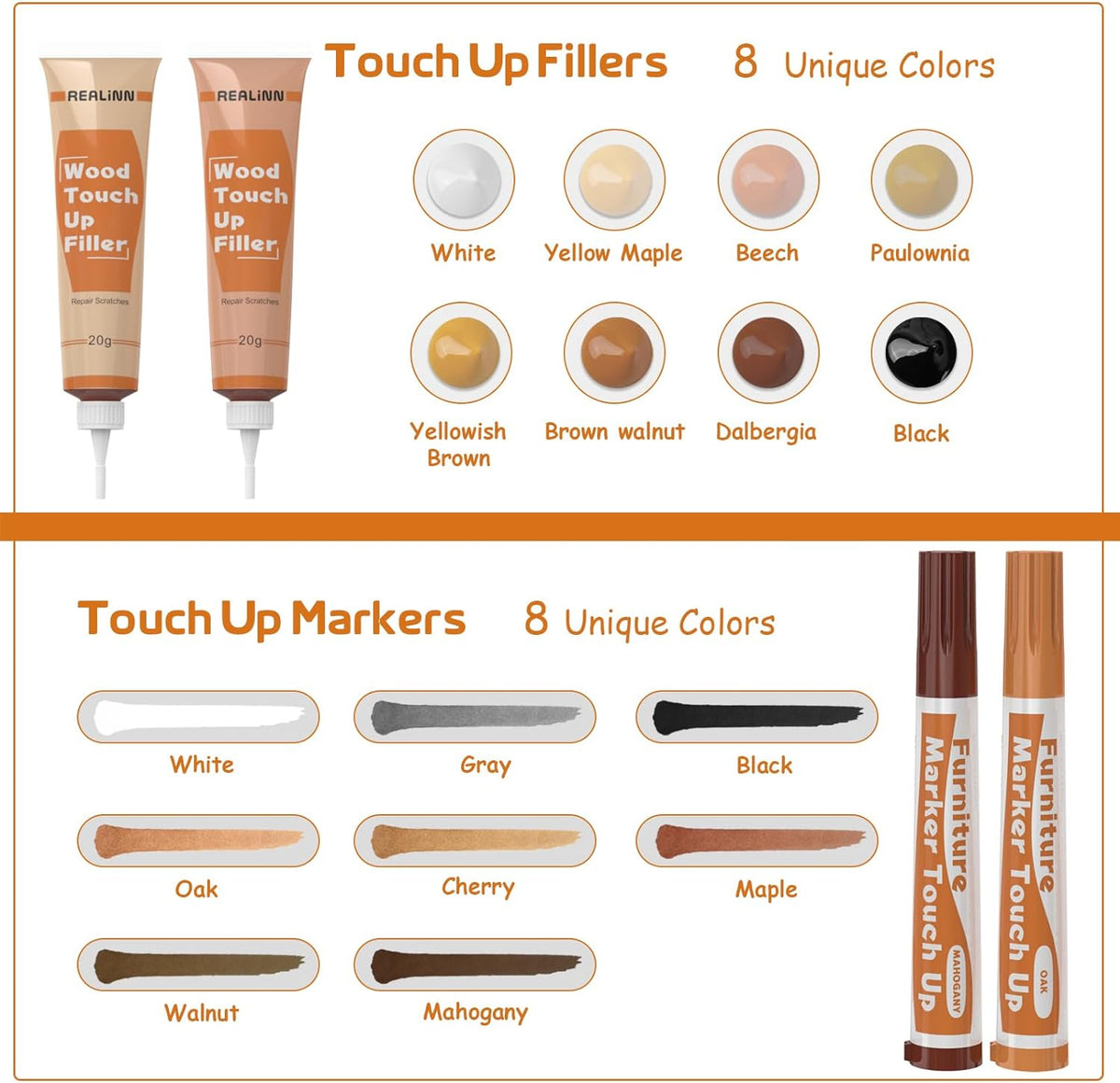 REALINN Wood Furniture Repair Kit 8 Light Colors- Wood Fillers and Touch Up Markers, Repair Scratch, Cracks, Discoloration for Wooden Door, Floor, Table, Cabinet