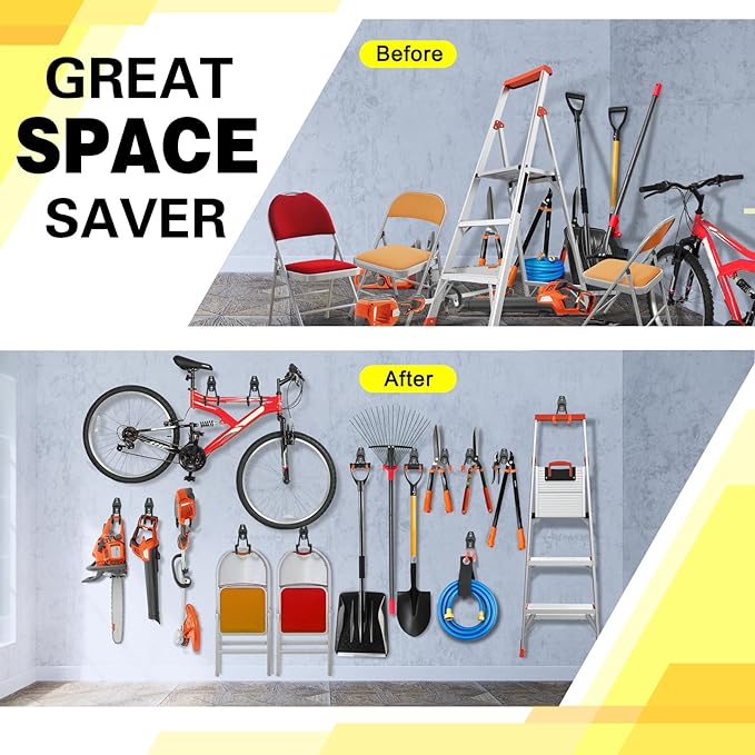 8 Pack Heavy Duty Garage Hooks Storage Organizer Wall Mount Power and Garden Tool Hangers, for Hanging Ladders, Ropes, Hose, Bulk Items