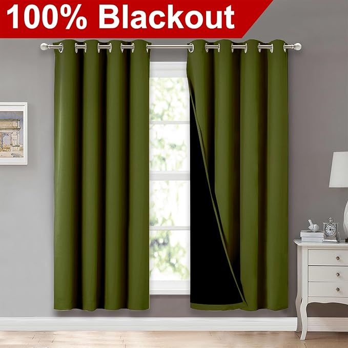 NICETOWN 100% Blackout Window Curtain Panels, Olive Green, 2 Pieces, 52-inch