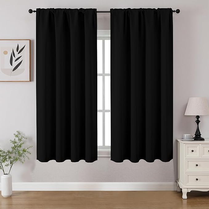 CUCRAF Black Blackout Curtains 45 inch Length 2 Panels Set, Rod Pocket Room