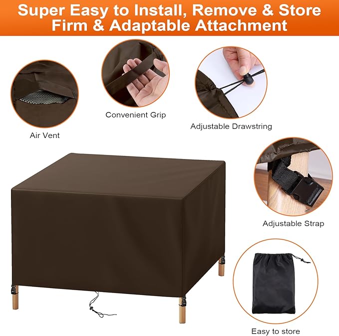 Patio Furniture Cover Rectangle 60"(L) x 56"(W) x 32"(H), Custom Heavy Duty 420D Waterproof Outdoor Cover with Drawstring & Buckles for Table Chair Garden, Coffee