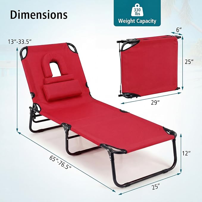 GYMAX Tanning Chair, Folding Lounge Chairs with Face Hole & Cover, Removable Pillow Carry Handle, Portable Compact Outdoor Layout Recliner for Beach, Poolside, Lawn, Patio, Camping (Red,2)
