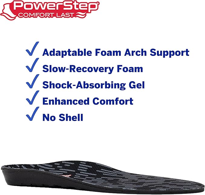 PowerStep Comfort Last Insoles, Cushioning Gel Insoles for Standing All Day, Supports Metatarsal Pain, Foot Arch, Heel Pain, All Day Comfort, Made in The USA (Men's 9-10.5 / Women's 11-12)
