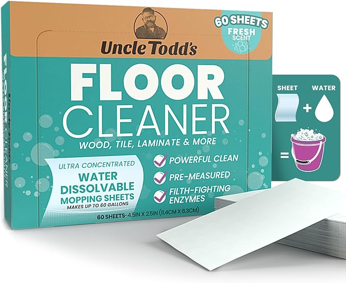 Uncle Todd's Ultra Concentrated Floor Cleaner For Mopping: 60 Natural, 100% Dissolvable Sheets for Mopping – Hardwood & Wood Floor Cleaner with Filth-Fighting Enzymes, Plastic-Free Packaging