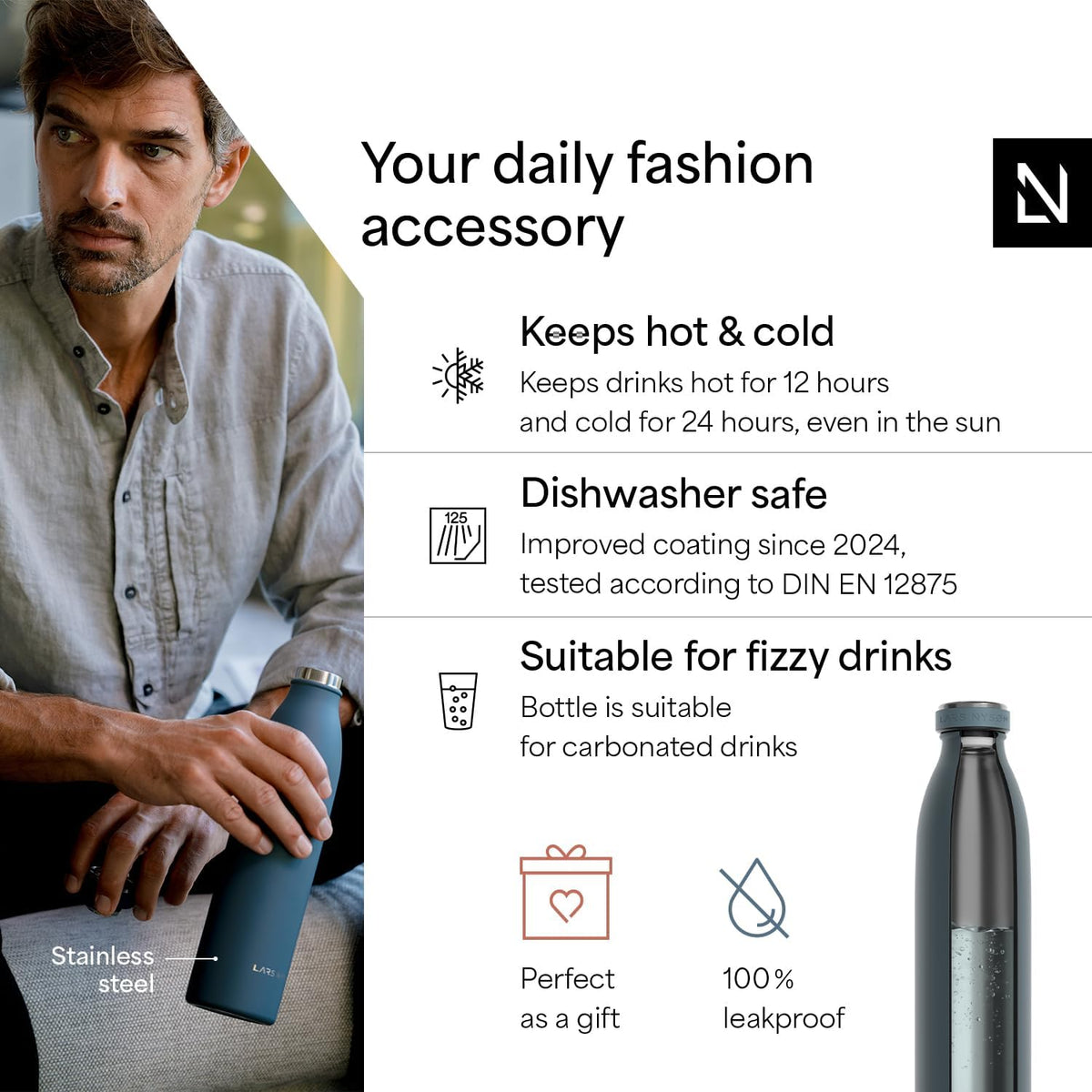 LARS NYSØM Stainless Steel Insulated Water Bottle 12oz 17oz 25oz 34oz 51oz | Insulated Thermo Flask for Hot and Cold Beverages | Leakproof Drinking Bottle (Stone Blue, 17oz)