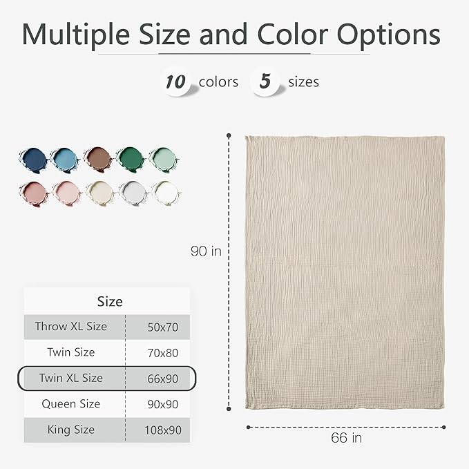 Carriediosa 100% Cotton Muslin Throw Blanket 66" X 90" Twin XL Size，4-Layers Summer Gauze Throws for Bed Couch，Soft Lightweight Breathable Linen Blankets Bedspread for Adults All Season，Khaki