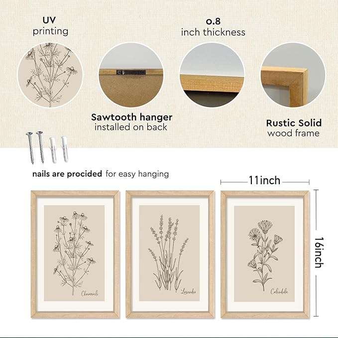 YWJKWLGS Vintage Botanical Wall Art 11x16 Inch Set of 3 Wooded Framed