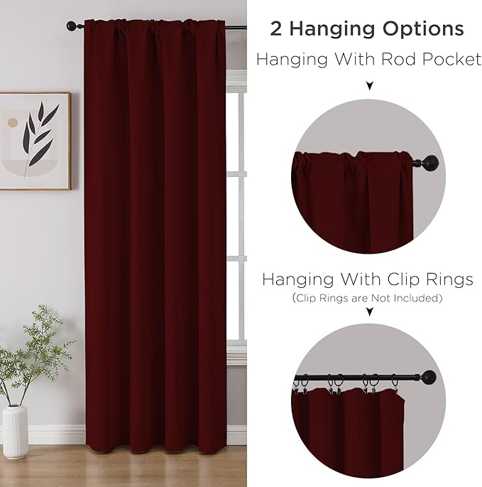 CUCRAF Burgundy Red Blackout Curtains 72 inch Length 2 Panels Set, Rod Pocket