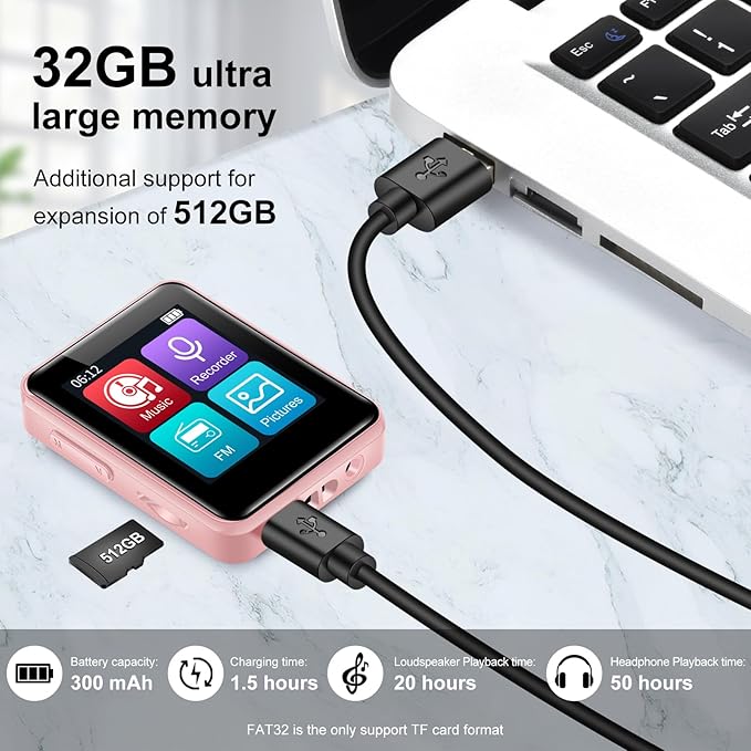 MP3 Player with Bluetooth, 1.8 inch Screen Portable Music Player with Speaker, FM Radio, Recorder, Expansion to 512GB, Pink with 32GB Micro SD Card