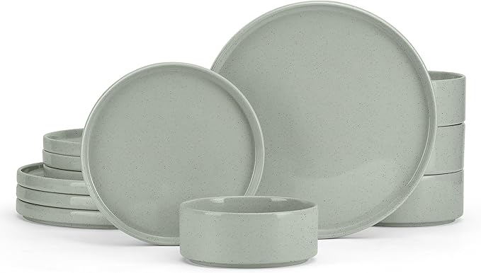 E-far Stoneware Dinnerware Sets, 12-Piece Plates and Bowls Dish Set for 4, Kitchen Modern Dinning Ware, Chip and Scratch Resistant, Microwave & Dishwasher Safe, Speckled Green