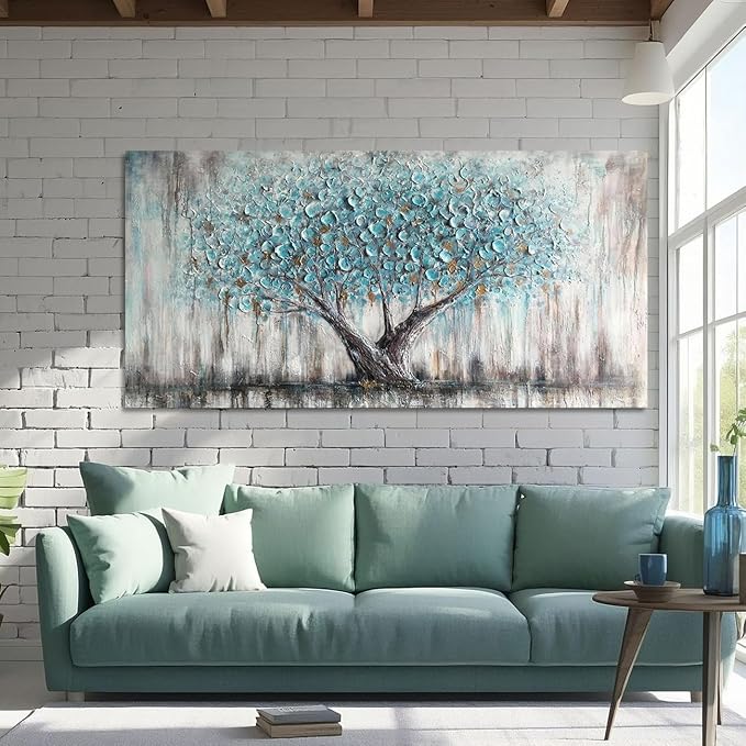 Arjun Tree Wall Art Canvas for Living Room Blue Tree of Life Nature Teal Abstract Textured Painting Picture Modern Panoramic Landscape Artwork Framed Bedroom Home Office Decor, Extra Large 58"x29"