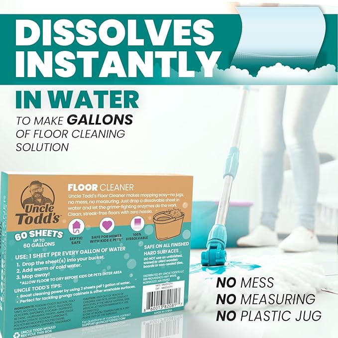 Uncle Todd's Ultra Concentrated Floor Cleaner For Mopping: 60 Natural, 100% Dissolvable Sheets for Mopping – Hardwood & Wood Floor Cleaner with Filth-Fighting Enzymes, Plastic-Free Packaging