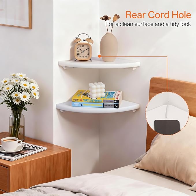 Gieanoo Floating Corner Shelves Set 2 12inch White Solid Oak Rounded Corner