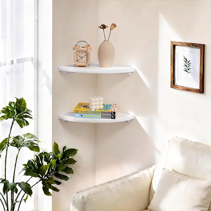 Gieanoo Floating Corner Shelves Set 2 16inch White Solid Oak Rounded Corner