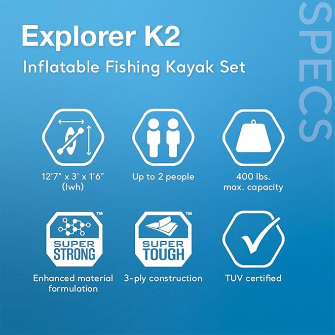 INTEX 68309EP Excursion Pro K2 Inflatable Kayak Set: Includes Deluxe 86in Kayak Paddles and High-Output Pump – SuperTough PVC – Adjustable Bucket Seat – 2-Person – 400lb Weight Capacity