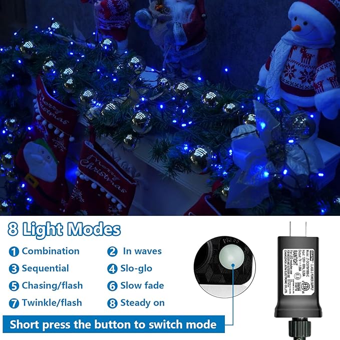 QITONG 165ft 500LED Blue Christmas Lights, String Lights Outdoor Waterproof Plug in, Green Wire Twinkle Tree Lights with 8 Modes