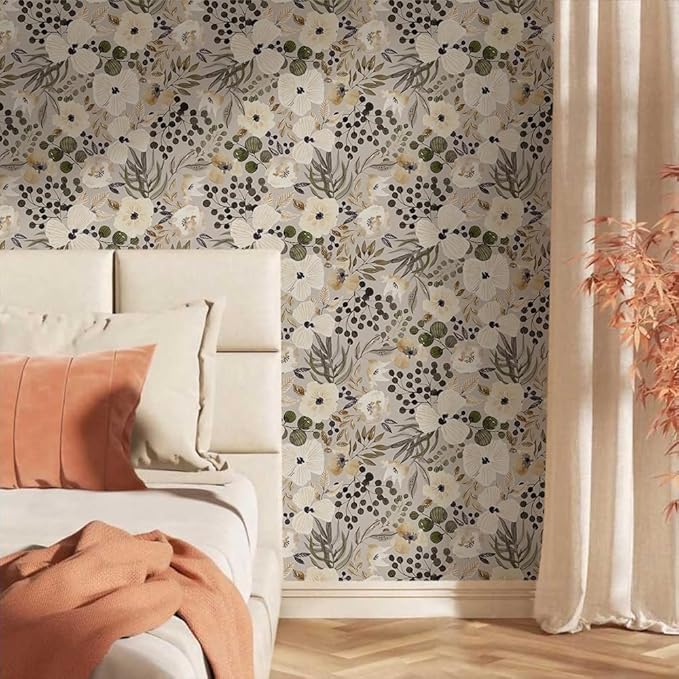 18"x236" Boho Cream/Brown Daisy Flower Peel and Stick Self Adhesive Wallpaper