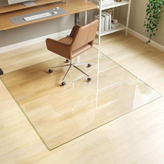 [Tempered Glass] 48" x 48" Glass Chair Mat, 1/5" Thick Office Chair Mat for Carpet or Hardwood Floor, Heavy Duty Hard Chair Mats with Round Corner and Polished Edge, Carpeted Floor Protector