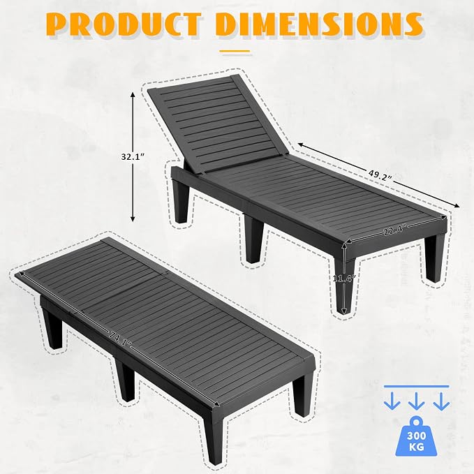 Outdoor Lounge Chairs Set of 4, 5-Position Adjustable Tanning Chairs with Wood Grain, All-Weather Resin Patio Recliners for Pool, Garden, Deck, Beach, Patio Lounge Chairs, Texture Black