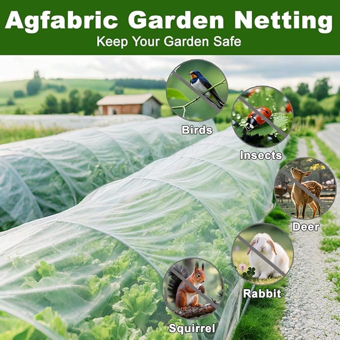 Agfabric Garden Netting 4'x100' Insect Pest Barrier Bird Netting for Garden Protection,Row Cover Mesh Netting for Vegetables Fruit Trees and Plants,White