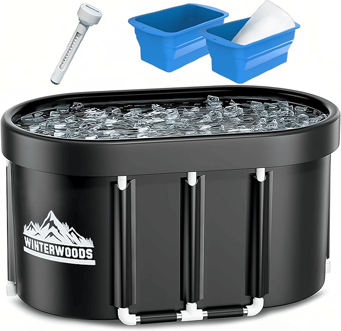 XL Ice Bath Tub For Athletes - 129 Gallon Oval Shaped Durable Frame - Recovery Cold Plunge & Cold Water Therapy - Portable Build - Easy Installation - Includes Two Collapsible Ice Molds & Thermometer