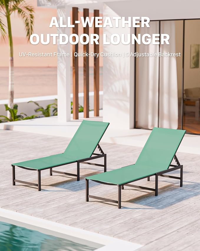 Patio Lounge Chair, Aluminum, 5 Adjustable Backrest,2 Piece,Green | Lightweight rustproof aluminum.5 adjustable backrest positions.Breathable quick-dry fabric.For poolside,beach,lawn,backyard.