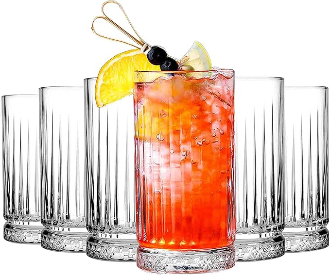 Highball Glasses Set of 6-15 oz Tall Glasses Drinking Set - Elegant Glassware Drinking Glasses for Water, Ice Coffee, Cocktail, Cold Beverage