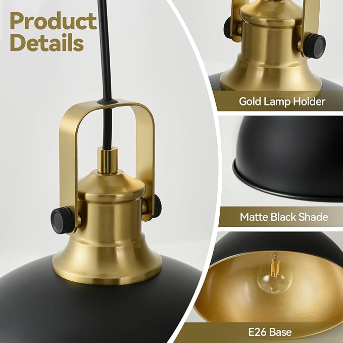 12 Inch Black Farmhouse Pendant Lights for Kitchen Island Industrial Haning Lamp Adjustable Height Vintage Dome Hanging Light Fixtures for Barn, Dining Room