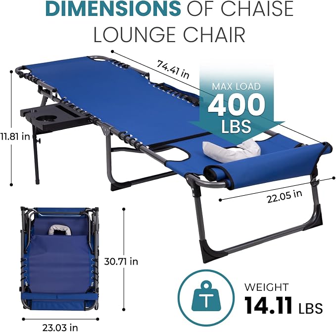 FUNDANGO 400lbs Heavy Duty Tanning Chair, Set of 2, Blue | Face Hole & Canopy & Side Table, 5 Positions, Facedown Chaise Lounge with Pillow, 400lbs