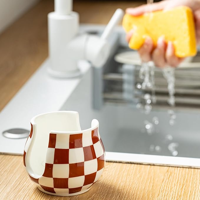 Checkered Sponge Holder for Kitchen Sink Counter, Ceramic Dish Sponge Caddy White Sink Organizer Dish Rack Farmhouse Brush Holder for Bathroom, Brown and White