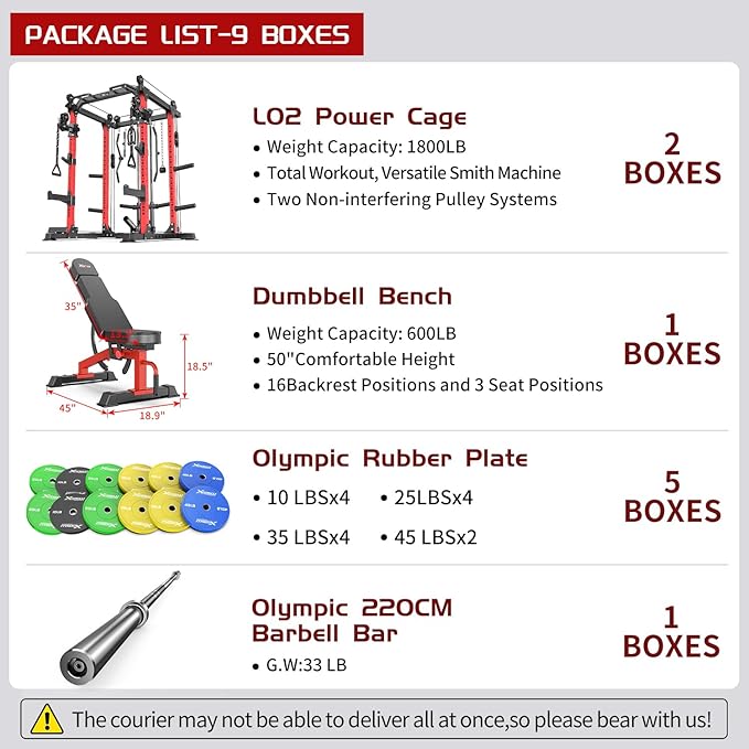 Power Cages Multi-Purpose Squat Rack with Cable Crossover System, Matching Weight Bench, Olympic Barbell Weight Set for Garage and Home Gyms