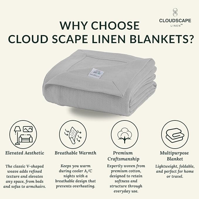 Herringbone Cotton Twin Blanket for Couch, Bed,Sofa, Home Decor, Soft, Lightweight, All-Season Bed Blanket, 68 x92, Light Grey