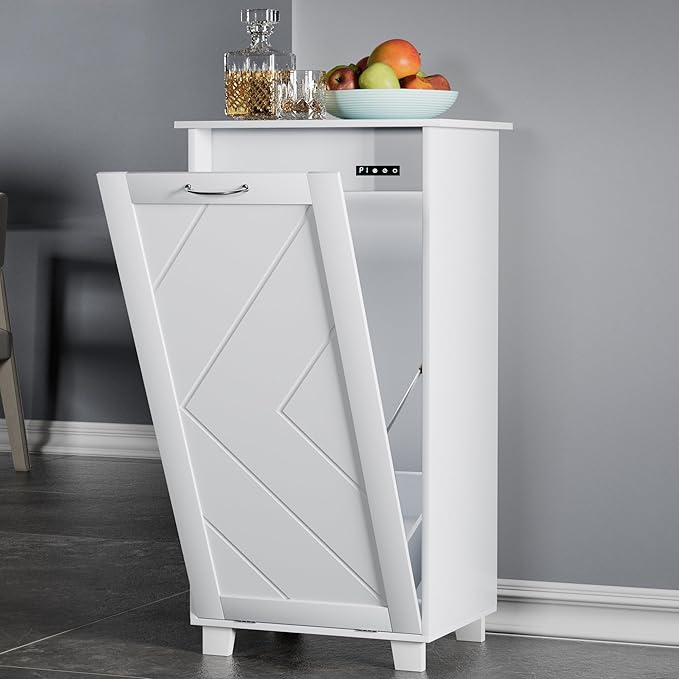 VECELO Tilt Out Kitchen Trash Bin Cabinet, Dog Proof Garbage Can with Wood Holder Free Standing Recycling, Pure White