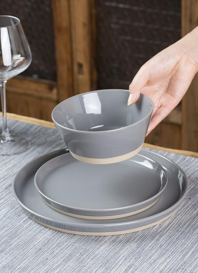 Famiware Saturn Speckled Dinnerware Sets for 8 (24 Pieces), Stoneware Plates and Bowls Dish Set - Chip and Scratch Resistant, Microwave and Dishwasher Safe, Dark Gray