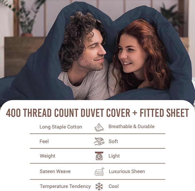 Pizuna 100% Cotton Full 3 Pc Duvet Cover + 1 Pc Fitted Sheet Set 400 Thread Count Dark Blue Sateen Weave Luxurious Long Staple Cotton 4 Piece Bedding Set -1 Duvet Cover, 2 Pillow Shams, 1 Fitted Sheet