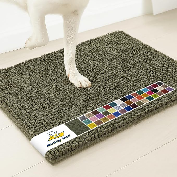 Muddy Mat® | Super Water Absorbent Door Mat Indoor, Microfiber Quick Dry Chenille Entryway Rug, Slip Resistant Front Door Mat, Indoor Mats for Entryway, Machine Washable Pet Rug, Army Green 36" x 72"