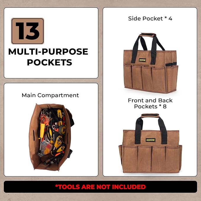 Tool Bag 16 oz. Waxed Canvas Tool Bag Large Capacity Tool Storage Tote comes with a Main Compartment and 12 Exterior Pockets for Wrenches, Scissors, Hammers or a set of Garden Tools and More - Khaki