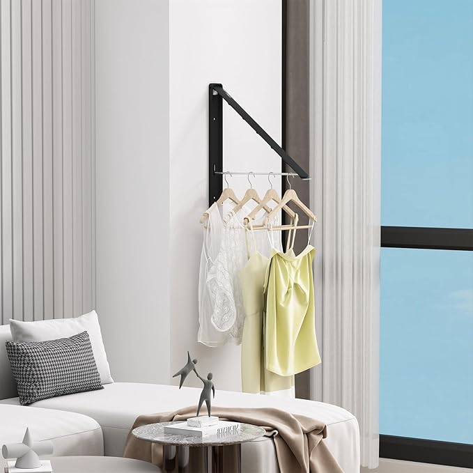 Clothes Drying Rack for Laundry Drying Rack Wall Mounted Clothes Hanger Rack Retractable Laundry Hanger Dryer Rack Space Saving Closet Organizer Aluminium (Black)