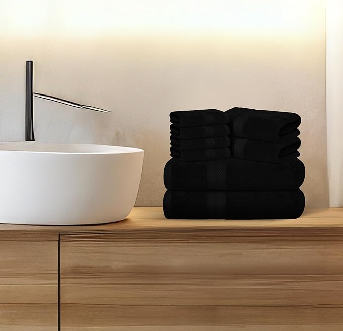 Avalon Towels Luxury 8 Piece Towels Set, 2 Bath Towels, 2 Hand Towels and 4 Washcloths, 600 GSM 100% Ring Spun Cotton Highly Absorbent Bathroom Towel Set, Ideal for Hotel, Spa and Gym (Black)