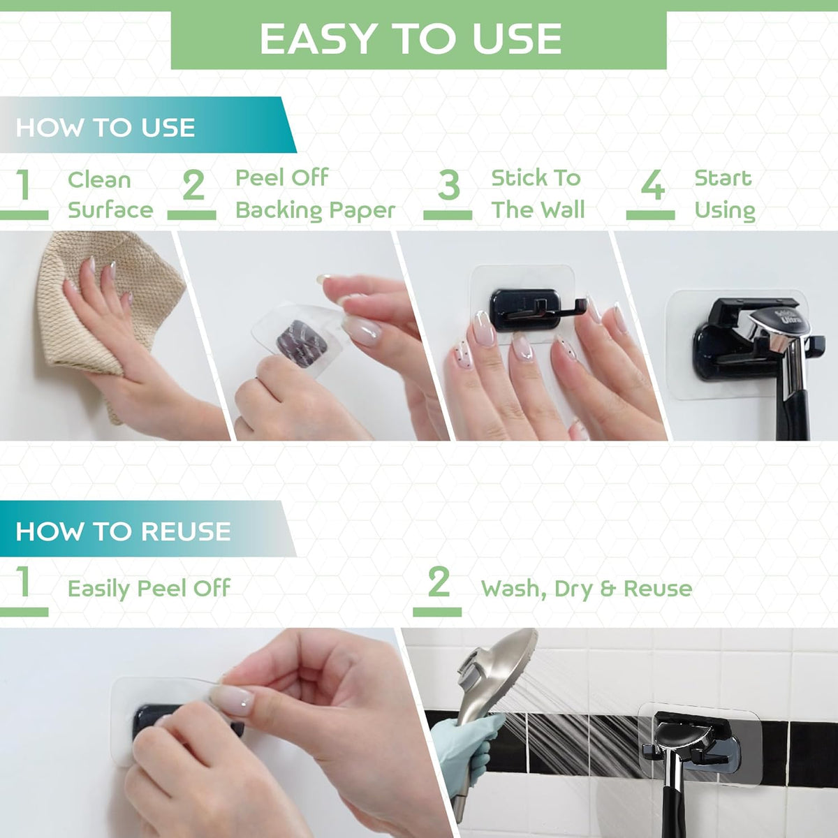 Hook LAB Self-Adhesive Shower Razor Holder, 2-Pack, Removable & Reusable Waterproof Hooks, for Towels, Bath Accessories, Kitchen & Bathroom Use - Black