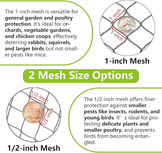 15x15ft Bird Netting, 1/2 inch Mesh, Heavy Duty Garden Netting for Fruit Trees, Blueberry Bushes, Vegetables, Extra Strong Woven Mesh Against Birds, Deer, Squirrels, Poultry and Other Animals