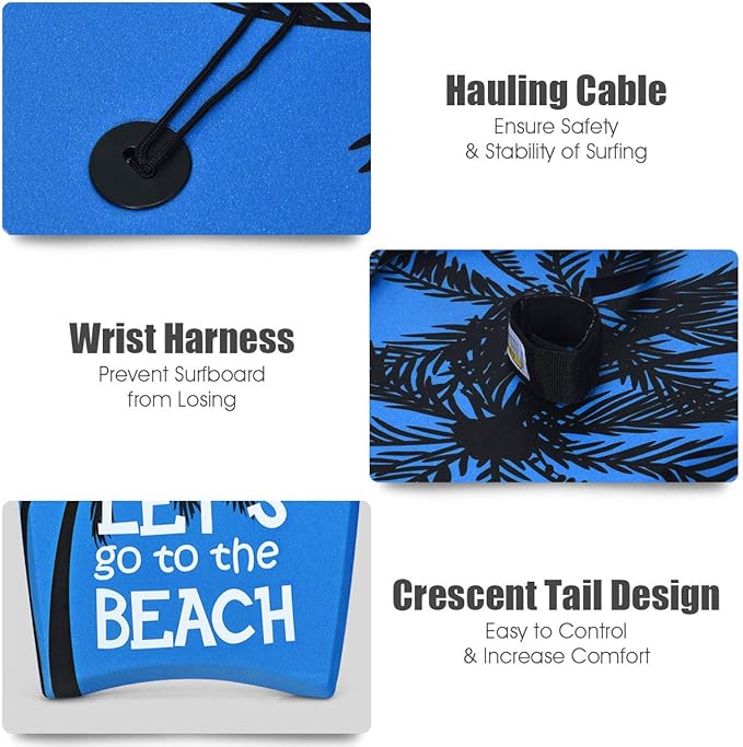 Goplus 41''/37''/33'' Lightweight Body Board for Beach, Surf Board with EPS Core, XPE Deck, HDPE Slick Bottom, Wrist Leash, Bodyboard for Kids Adults Surfing