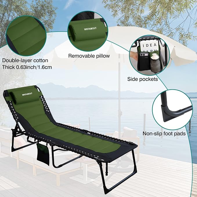 Outdoor Folding Lounge Chair Padded for Adults 264Ibs Patio Chaise Lounge Chair for Outside Adjustable 5-Position Reclining Beach Chair with Pillow Pocket