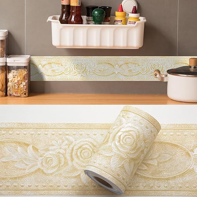 AbaBoorty Beige Floral Wallpaper Border Decor 196"X4.1" Peel and Stick Wall