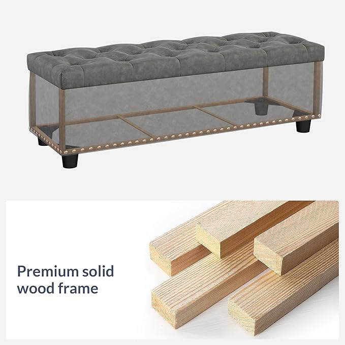 BELLEZE 47" Storage Ottoman, Storage Bench with Safety Close Hinge, Faux Leather Button-Tufted Ottoman for Living Room, Entryway, Hallway, Foot Rest, Support 300lbs - Rustic Gray