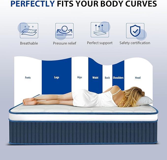 Queen Mattress,12 Inch Gel Memory Foam Hybrid Queen Size Mattresses in a Box, Medium Firm Feel Individual Pocket Springs Matress, Breathable Fabric, Strong Edge Support, Fiberglass Free