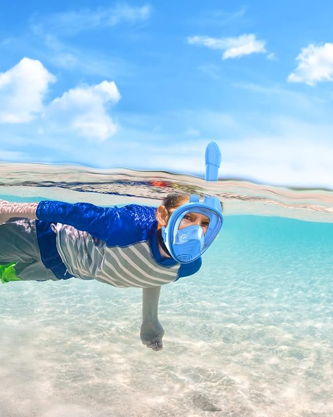 QingSong Kids Snorkel Mask Full Face, Snorkeling Set with Camera Mount, Foldable 180 Degree Panoramic View Snorkeling Gear Anti-Fog Anti-Leak