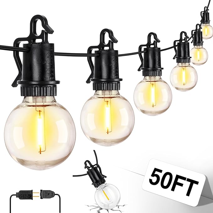 ZJOJO 50FT Outdoor String Lights, G40 Globe Outdoor Lights with 25 Shatterproof LED Bulbs 2700K,IP65 Waterproof Patio Light