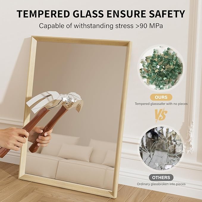 Oak Wood Effect Framed Wall Mirror, 24x32 Rectangle Mirror, 1/8"